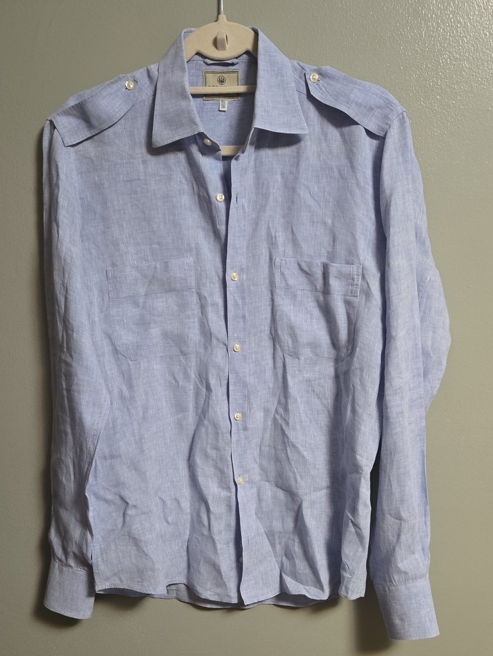 Vintage Beretta 100% Linen Utility Shirt 15.5/39 Light Blue Epaulets Safari